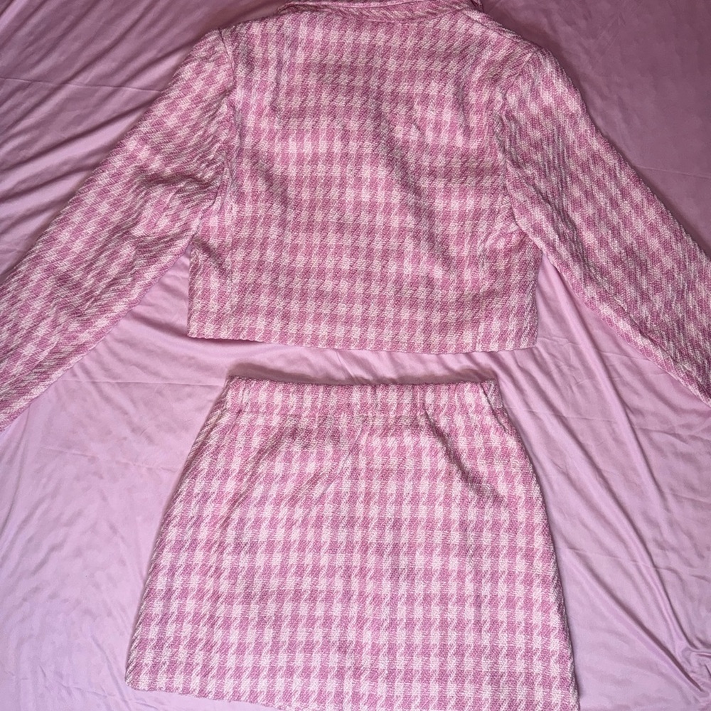 Pink Houndstooth Cropped Jacket and Skirt Set- Women's - Picture 3 of 3